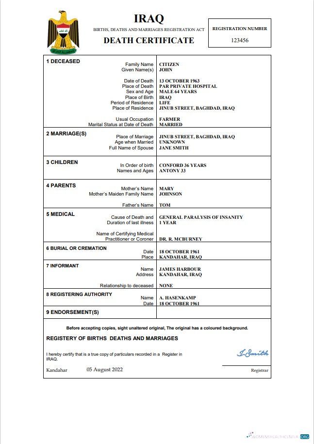 Download Iraq vital record death certificate Word and PDF template Photoshop template